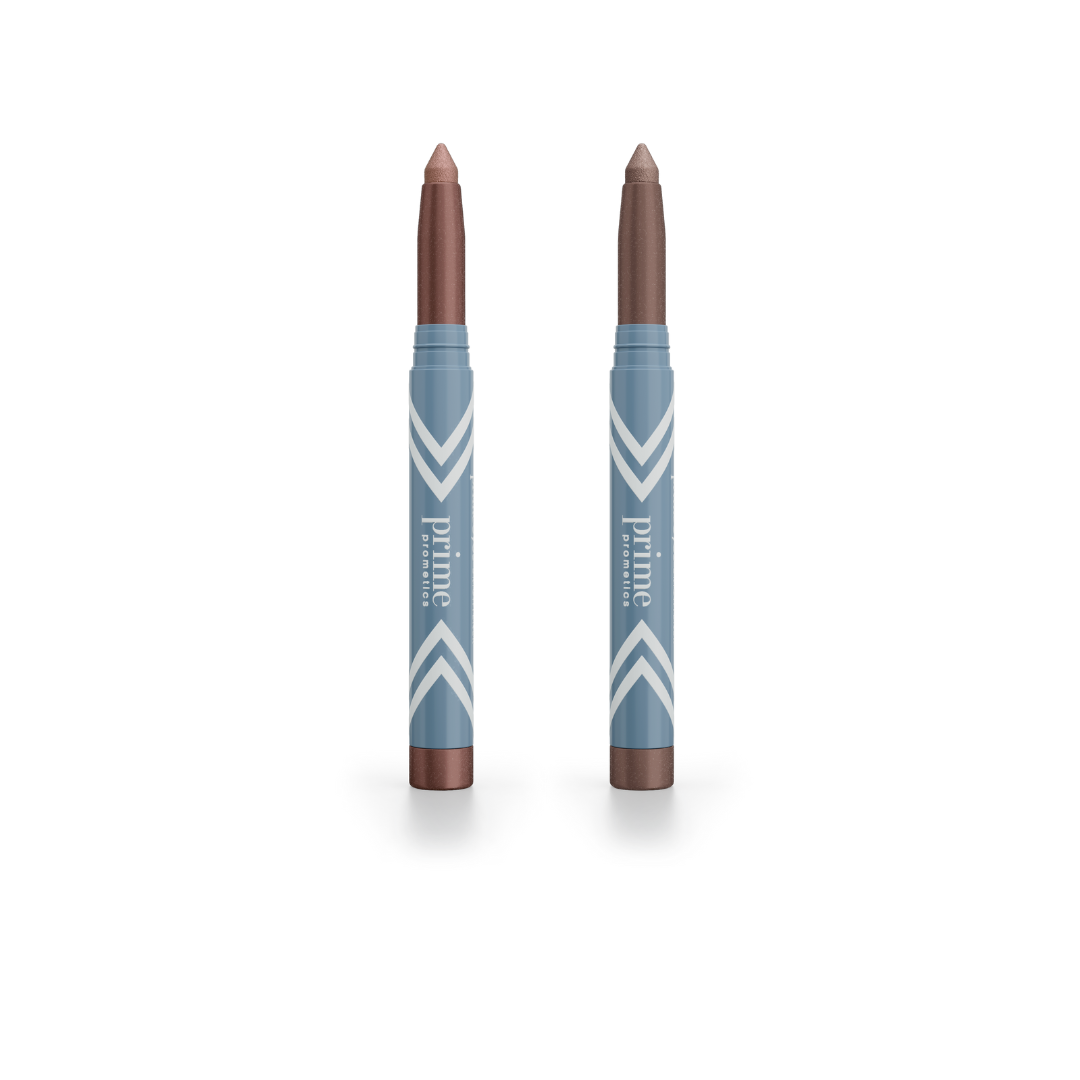 Two brown 2pcs PrimeEyes Eye Brightener crayons by PrimePrometics™ with blue and white chevron-patterned barrels labeled "prime" stand upright on a white background, providing an easy-to-use solution for your daily eye care routine.