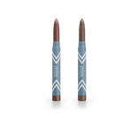 Two brown 2pcs PrimeEyes Eye Brightener crayons by PrimePrometics™ with blue and white chevron-patterned barrels labeled "prime" stand upright on a white background, providing an easy-to-use solution for your daily eye care routine.