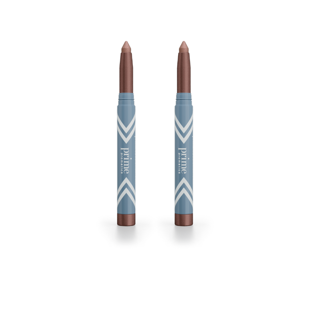 Two mauve PrimePrometics™ 2pcs PrimeEyes Eye Brightener sticks, in blue and white chevron tubes labeled “prime,” stand upright on white—delivering effortless eye brightening and care in one sleek package.