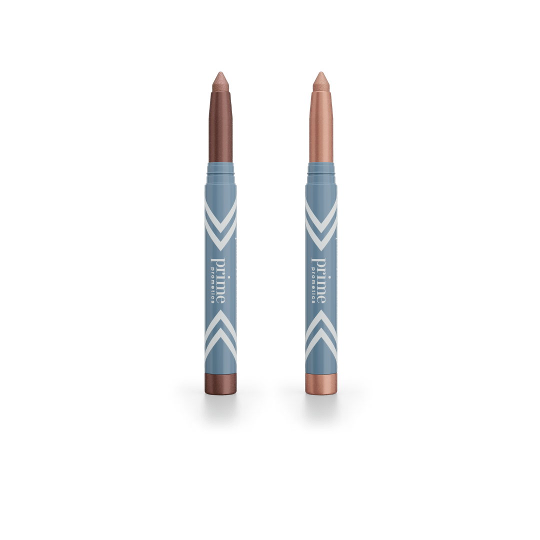 Two blue and white patterned tubes of PrimePrometics™ 2pcs PrimeEyes Eye Brightener, featuring twist-up cream eyeshadows in metallic brown and light champagne, stand upright on a white background—ideal for effortless eye care.