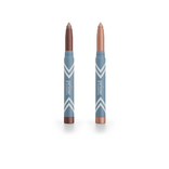 Two blue and white patterned tubes of PrimePrometics™ 2pcs PrimeEyes Eye Brightener, featuring twist-up cream eyeshadows in metallic brown and light champagne, stand upright on a white background—ideal for effortless eye care.