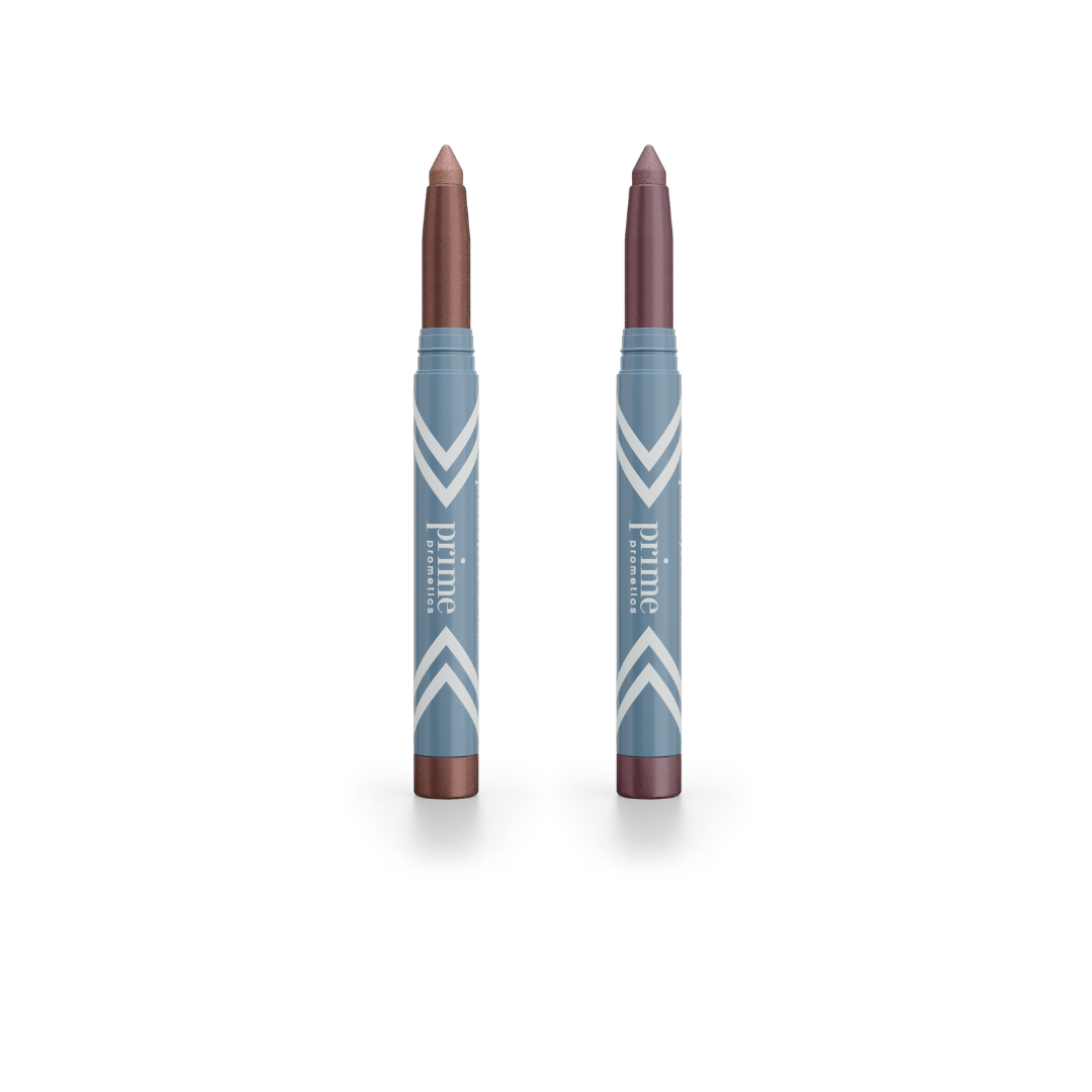 Two PrimePrometics™ 2pcs PrimeEyes Eye Brightener sticks with blue chevron design stand upright, showcasing their brownish-purple formula for easy eye care and a radiant brightening effect, all set against a white background.