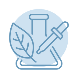Blaue Strichzeichnung eines Blattes, einer Pipette und eines Behälters vor einem hellblauen kreisförmigen Hintergrund, die für natürliche oder wissenschaftlich fundierte Hautpflege bzw. Laboruntersuchungen pflanzlicher Produkte steht.