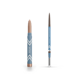 Two blue PrimePrometics™ products on a white background: PrimeEyes Brightener, a thick eyeshadow stick with rounded tip on the left, and PrimeBrow Pencil, a slim brow pencil with spoolie on the right. Both feature rose gold accents.