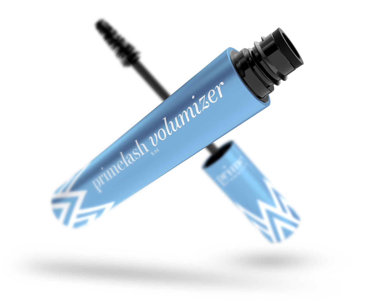 Prime Prometics PrimeLash Volumizer tube floating with black brush wand displayed