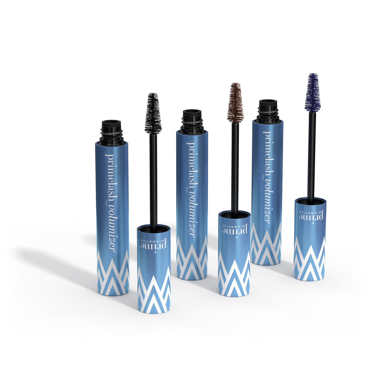 Prime Prometics PrimeLash Volumizer trio of shades: Black, Dark Brown, and Navy Blue with brush wands