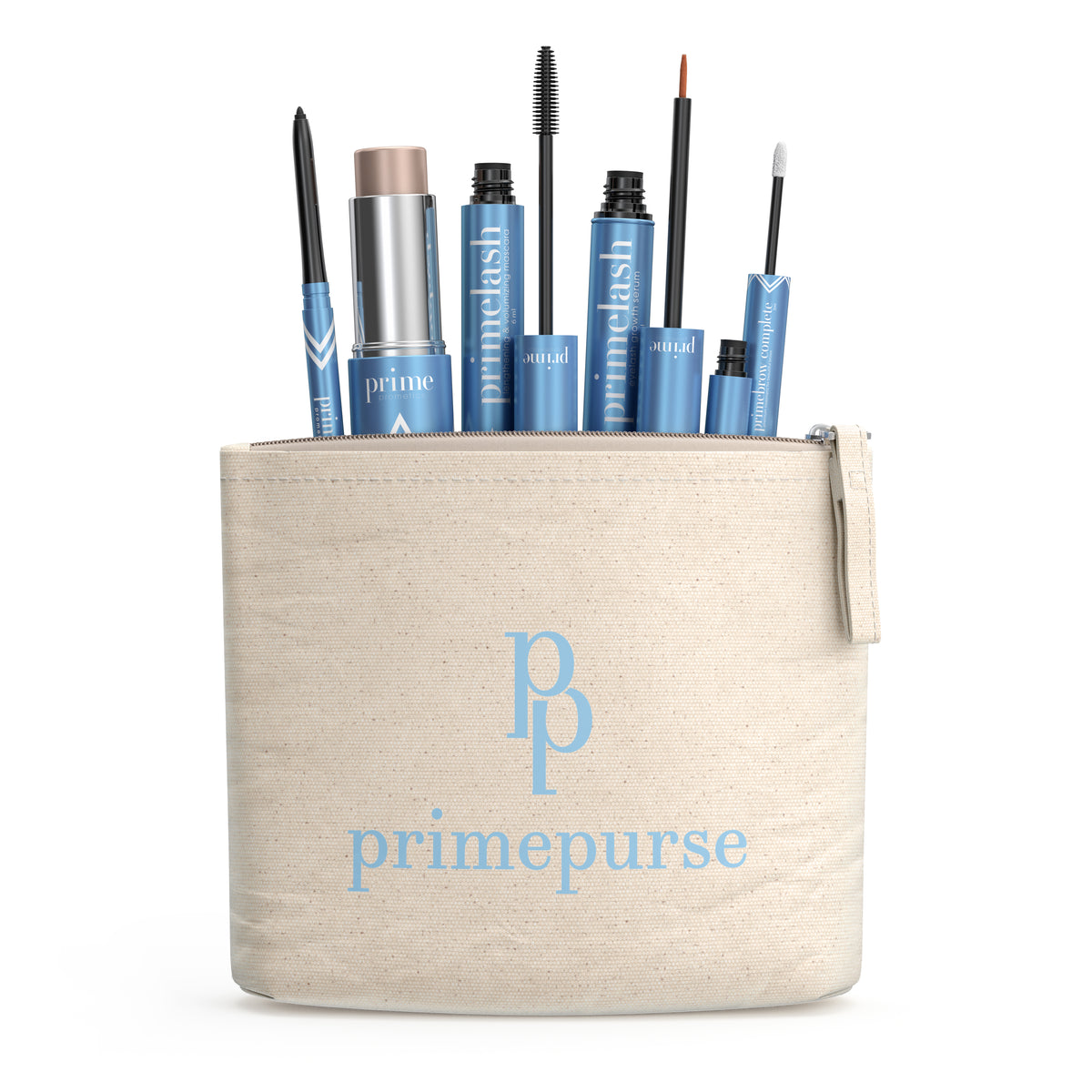 The Deluxe Prime Purse by PrimePrometics™ is a beige fabric makeup bag with a blue PP logo, filled with blue-labeled products like PrimeLash Mascara, eyeliner, lip gloss, brow serum, and foundation.