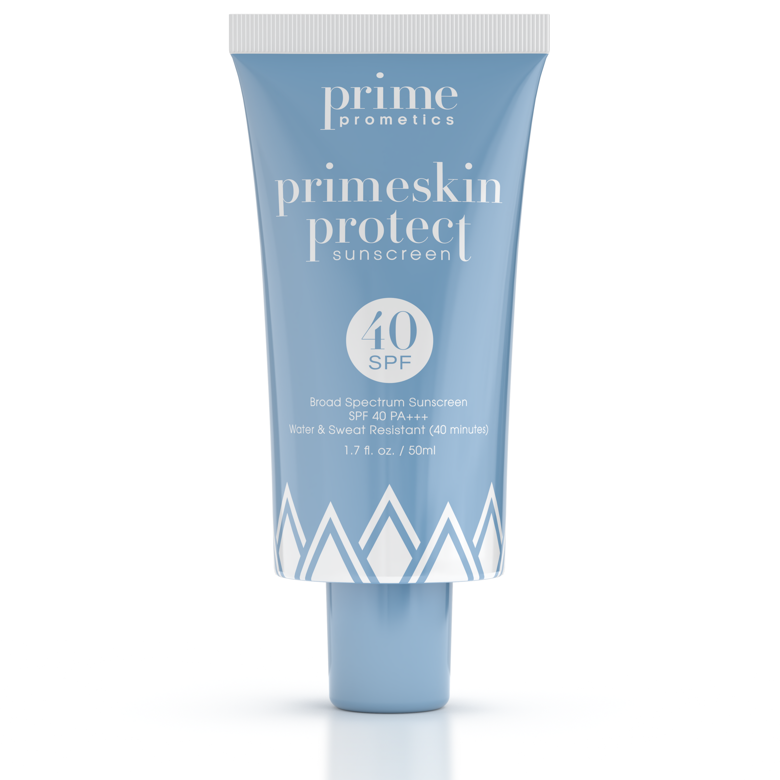 A blue tube of primeskin protect sunscreen by Prime Prometics with SPF 40, labeled as broad spectrum, water and sweat resistant for 40 minutes, and containing 1.7 fl oz (50 ml).