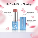 Prime Prometics PrimeWand Nude features: lipstick plus blush plus tint plus glow, whisper of color and buildable, a neutral pink that flatters all complexions