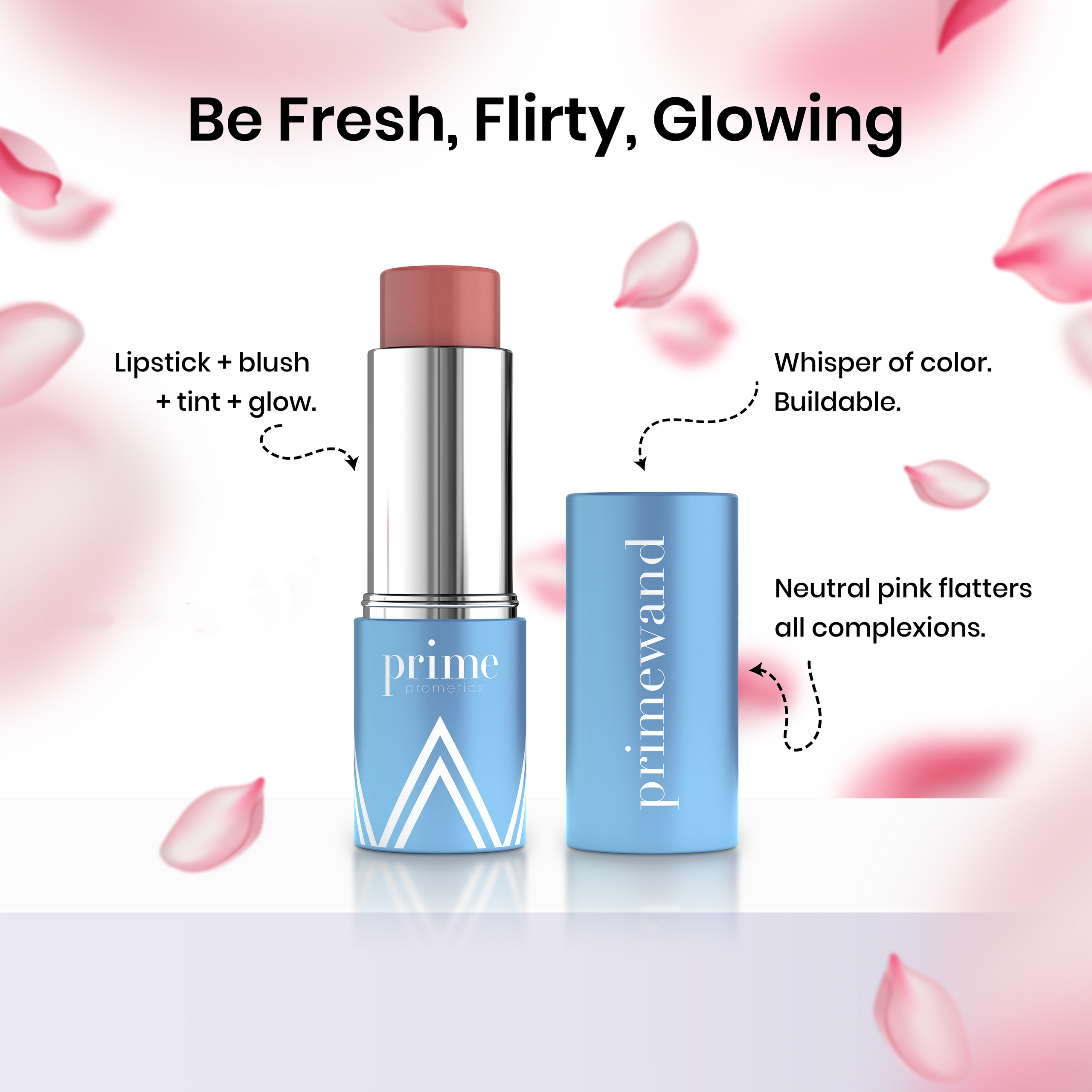 Prime Prometics PrimeWand Nude stick in a soft pink-nude shade with cap beside it