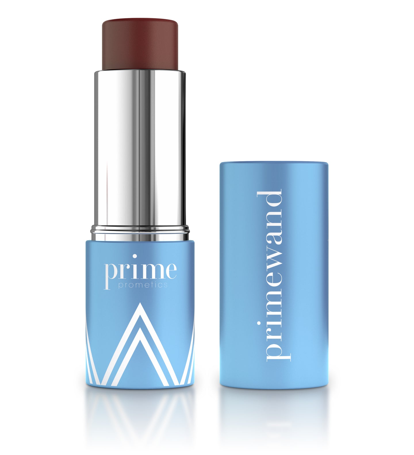 A dark brown lipstick in a metallic silver and light blue tube with white geometric designs; the cap, placed next to it, reads primewand in white text.