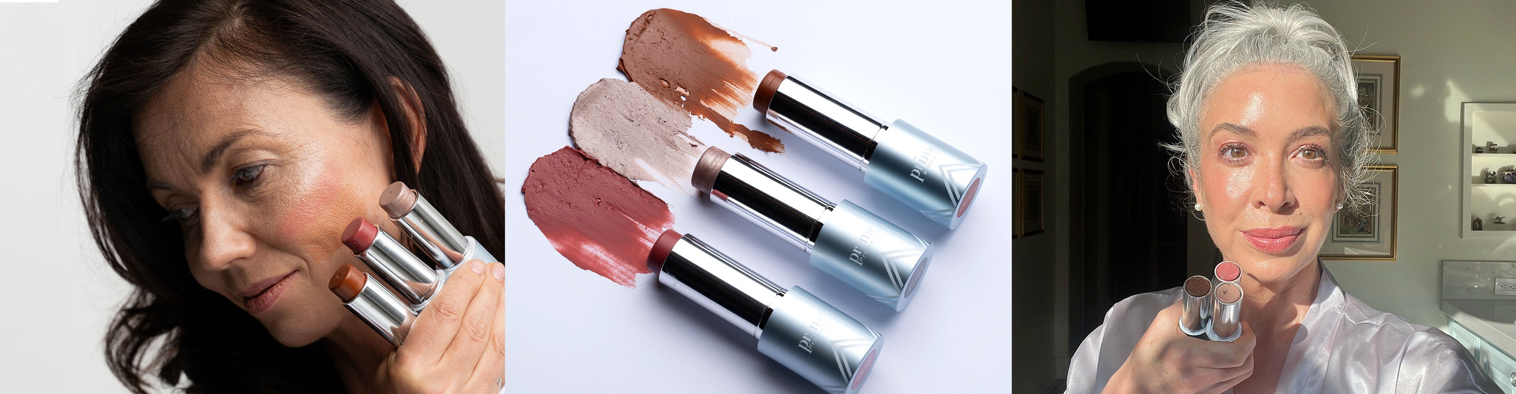 A mature woman applies stick makeup to her cheek; in the center, three makeup sticks with swatches; on the right, another mature woman with gray hair holds the same makeup sticks, also applying one to her face.