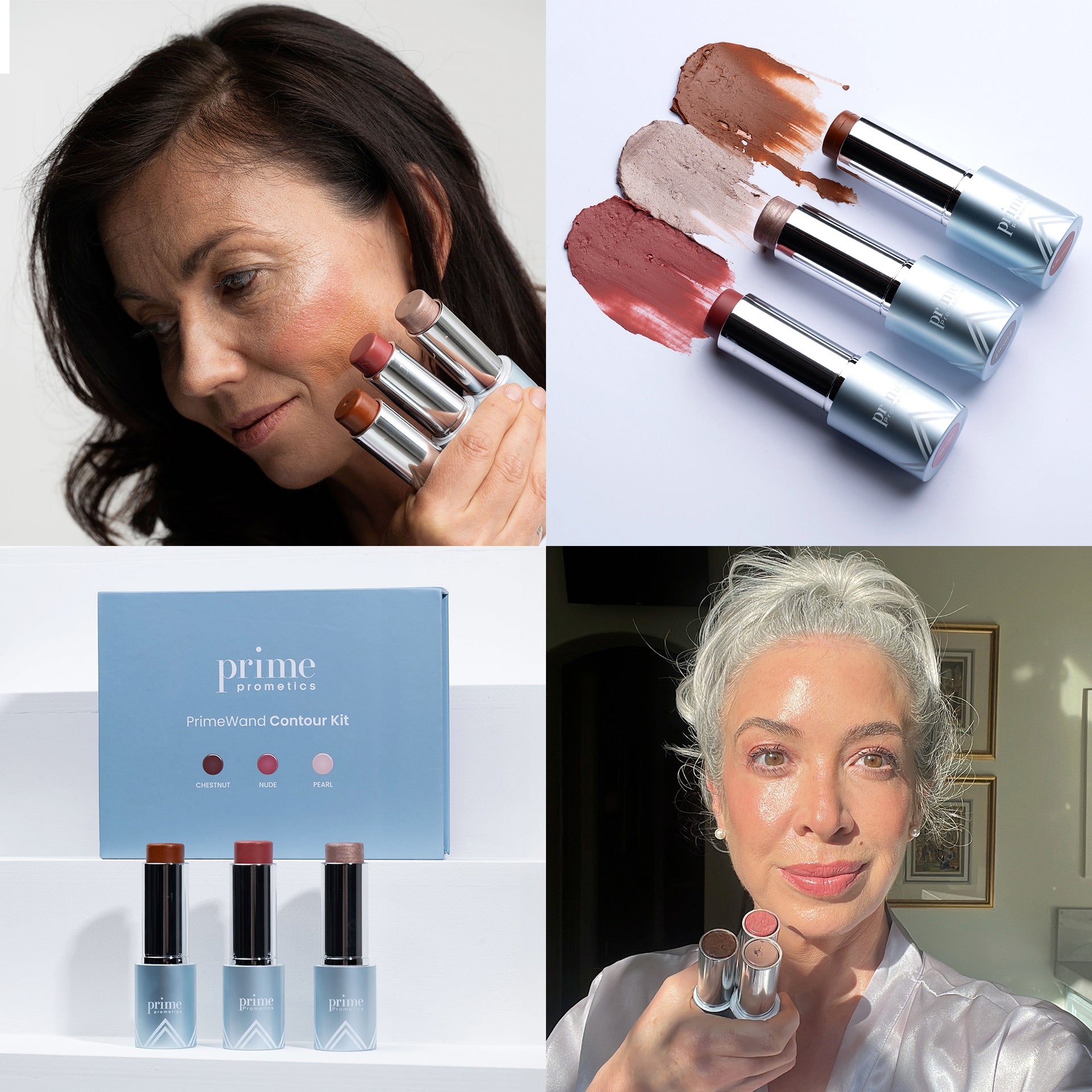 A collage shows two women holding a contour stick, three contour wands with makeup swatches, and a blue Prime Prometics PrimeWand Contour Kit box with three contour sticks arranged in front of it.