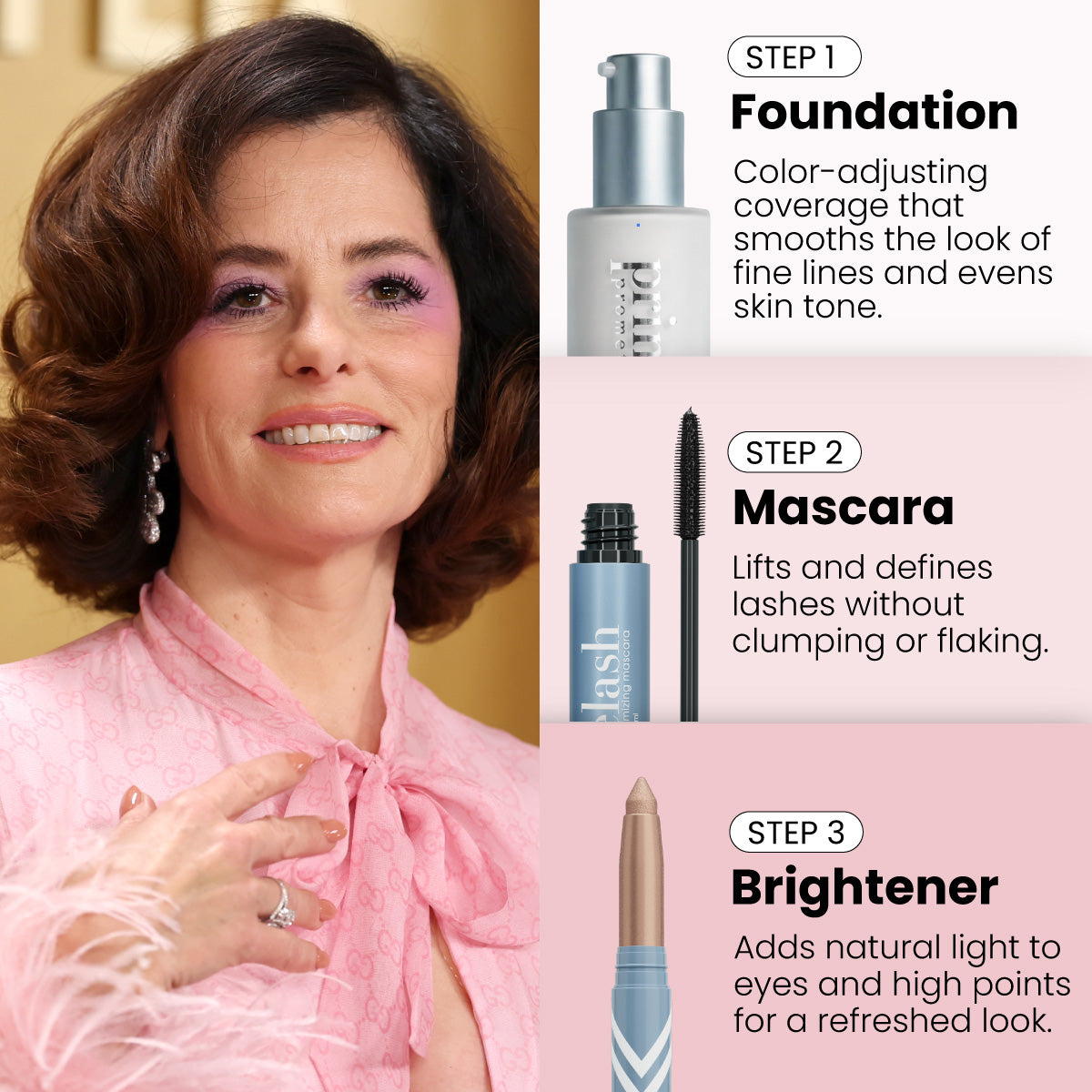 Three PrimePrometics™ Hollywood Glow Set products—a mascara, an eye crayon, and a color-changing foundation—stand upright on a glossy pink surface against a metallic pink background.