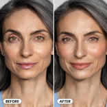Side-by-side comparison of a woman with long gray hair, softly smiling. After using PrimePrometics™ Hollywood Glow Set, her skin looks smoother, makeup enhanced, complexion evened out, and lips appear slightly brighter.