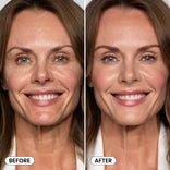 Side-by-side comparison of a woman smiling, labeled “before” and “after.” After using PrimePrometics™ Hollywood Glow Set, her skin appears smoother, with fewer wrinkles and a more even complexion than before.