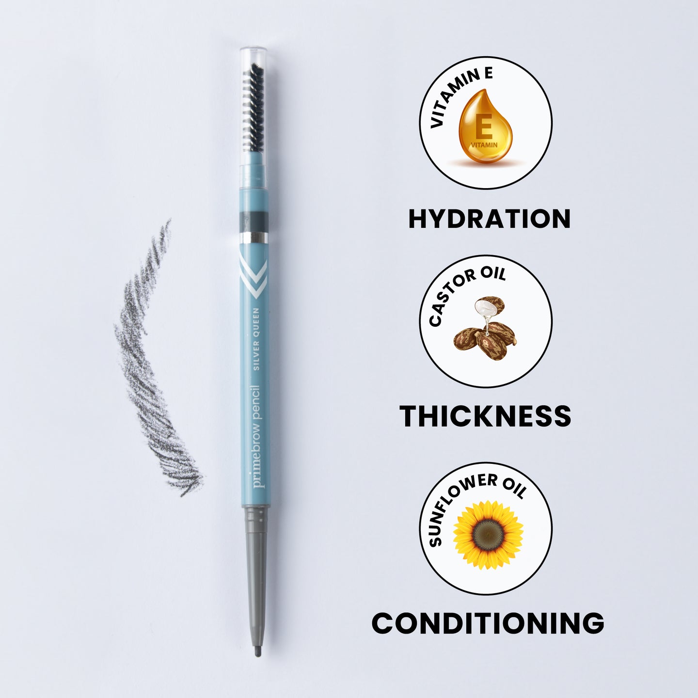 A blue eyebrow pencil with a brush and pencil tip is shown alongside text and icons highlighting its benefits: hydration from vitamin E, thickness from castor oil, and conditioning from sunflower oil.