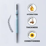 A blue eyebrow pencil with a brush and pencil tip is shown alongside text and icons highlighting its benefits: hydration from vitamin E, thickness from castor oil, and conditioning from sunflower oil.
