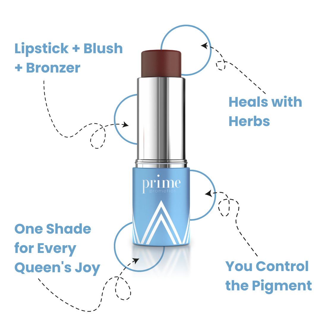 A blue tube of Prime Promatic makeup stick with a brown pigment, surrounded by text highlighting features: Lipstick + Blush + Bronzer, Heals with Herbs, One Shade for Every Queens Joy, and You Control the Pigment.