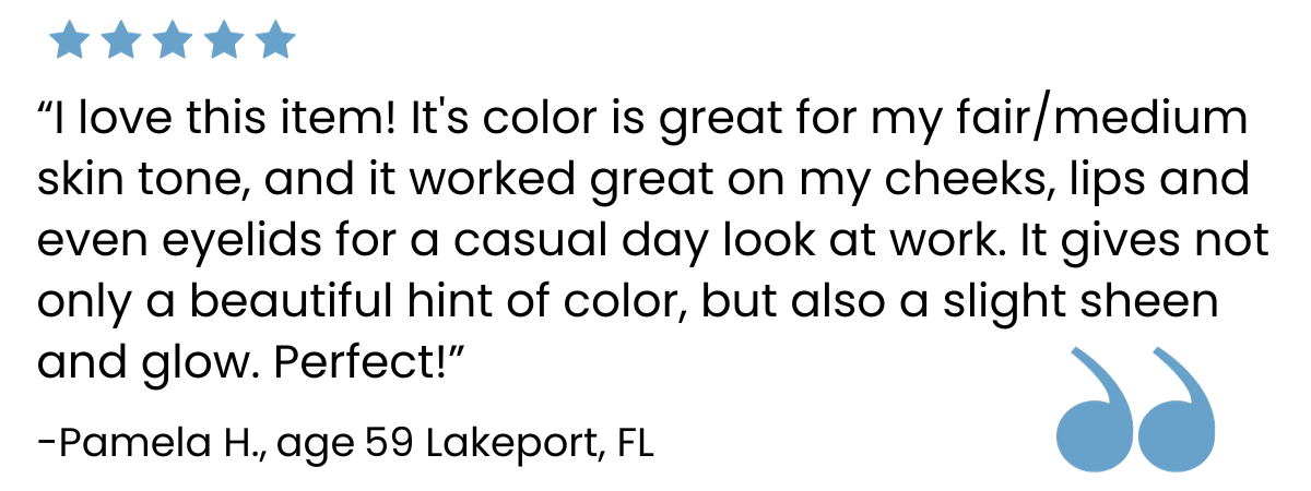 Five-star review from Pamela H., age 59, from Lakeport, FL, praising a product for its great color, versatility on cheeks, lips, and eyelids, a casual day look, and slight sheen and glow.