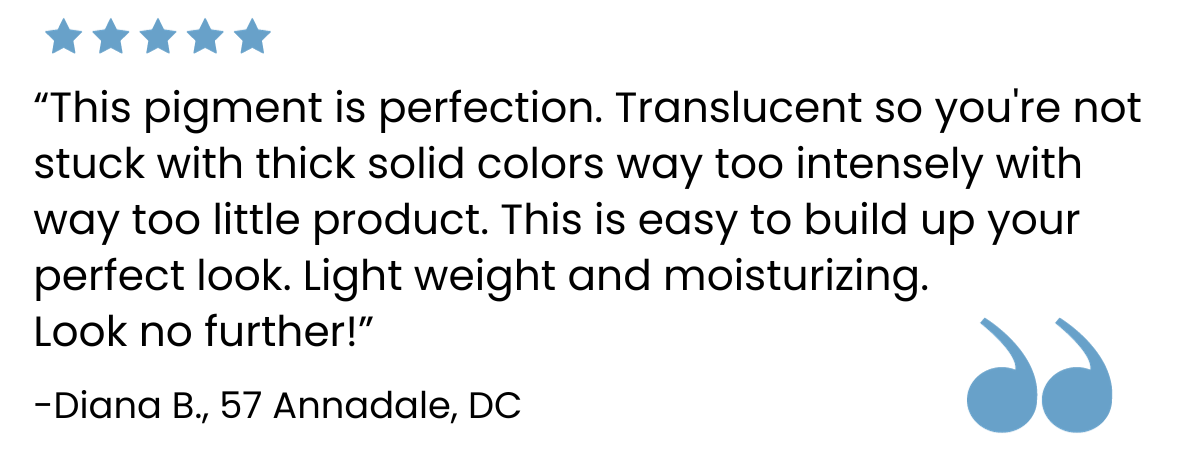 A five-star review says the pigment is perfect, translucent, buildable, lightweight, and moisturizing. The reviewer, Diana B., 57, from Annadale, DC, highly recommends it. Blue quote marks appear in the bottom right.