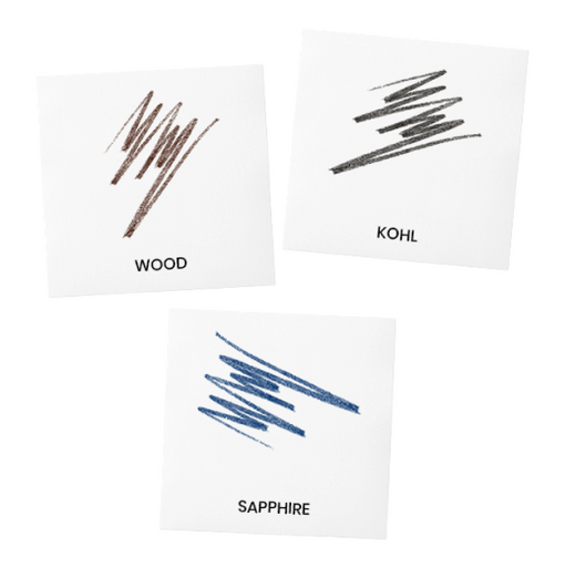 Three white squares display makeup swatches: brown labeled WOOD, black labeled KOHL, and blue labeled SAPPHIRE, each with scribbled lines representing the product color.