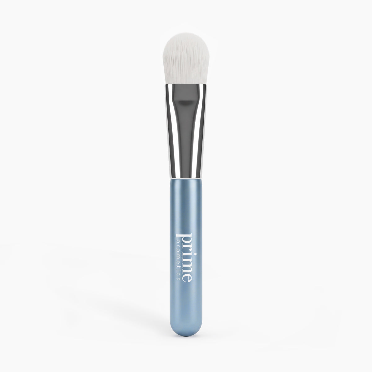 PrimePrometics™ PrimeLift Precision Applicator Brush featuring an ultra-soft white synthetic bristle head, silver ferrule, and metallic blue handle, designed to be gentle on mature skin.