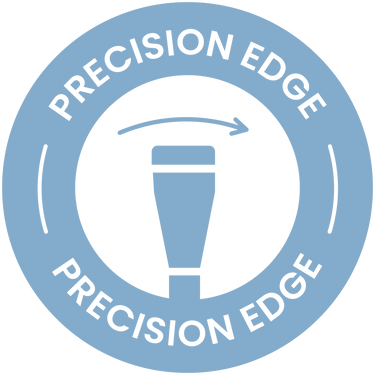 A blue circular badge with the words PRECISION EDGE at the top and bottom. In the center, there is a graphic of a tapered object with an arrow curving above it, suggesting motion or rotation.