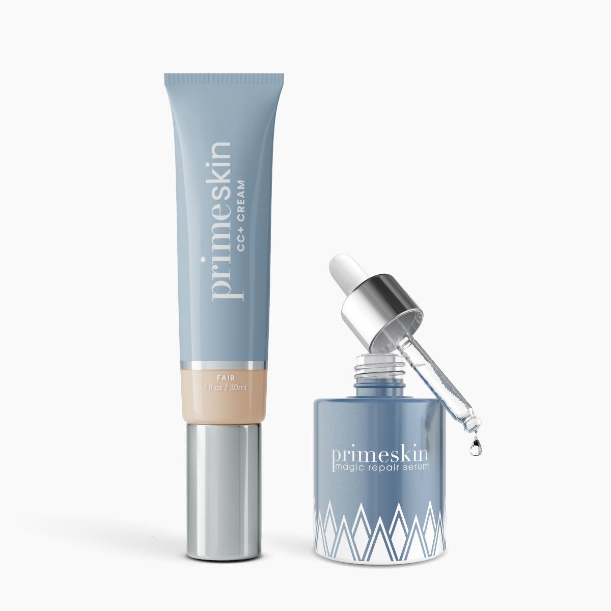 A blue tube and an open bottle with a dropper from the PrimePrometics™ Prep & Prime Bundle are displayed on a white background.