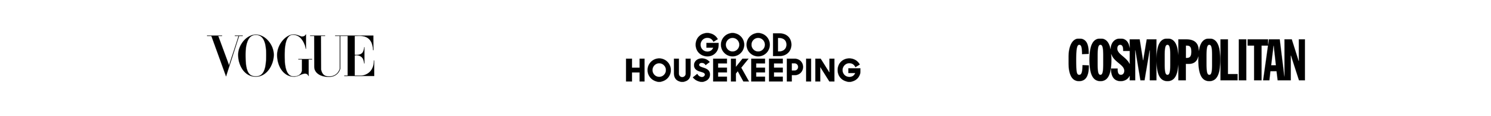 Logos of three magazines displayed from left to right: VOGUE, GOOD HOUSEKEEPING, and COSMOPOLITAN, each in their distinctive font styles on a white background.