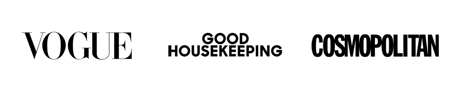Black and white logos of three magazines: Vogue, Good Housekeeping, and Cosmopolitan, displayed side by side on a white background.