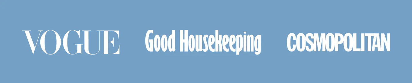 Logos of three magazines—Vogue, Good Housekeeping, and Cosmopolitan—displayed in white text on a blue background.