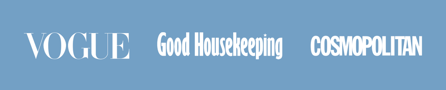 White logos of Vogue, Good Housekeeping, and Cosmopolitan magazines are displayed side by side on a blue background.