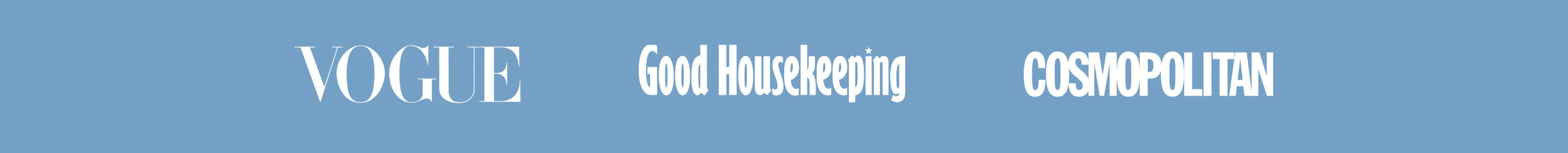White logos of Vogue, Good Housekeeping, and Cosmopolitan magazines are displayed on a light blue background.