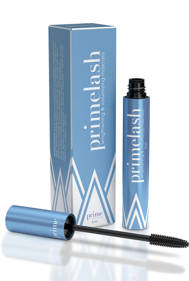 A blue tube of Primalash lengthening and volumizing mascara is shown with its wand and matching blue box, both featuring white geometric designs and product text.