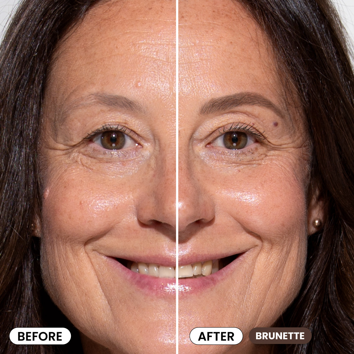 Split-image of a smiling woman’s face, showing a “before” on the left and “after brunette” on the right. The right side features darker eyebrows and enhanced makeup compared to the left side.