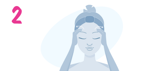 Illustration of a woman massaging her forehead with both hands, eyes closed, and arrows showing circular motion. A pink number 2 is on the left side of the image.