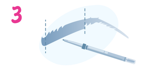 An illustrated eyebrow is outlined with a makeup pencil, with two dashed lines marking where to start and end shaping; a pink number 3 is in the top left corner.