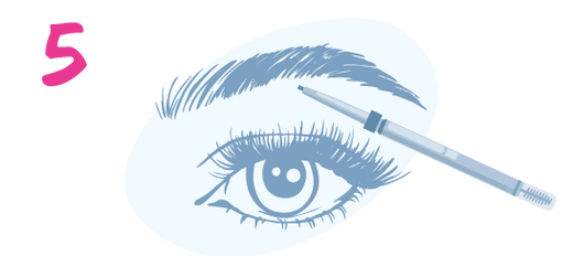 Illustration of an eye and eyebrow with a makeup pencil filling in the eyebrow. The number 5 in pink appears on the left side of the image.