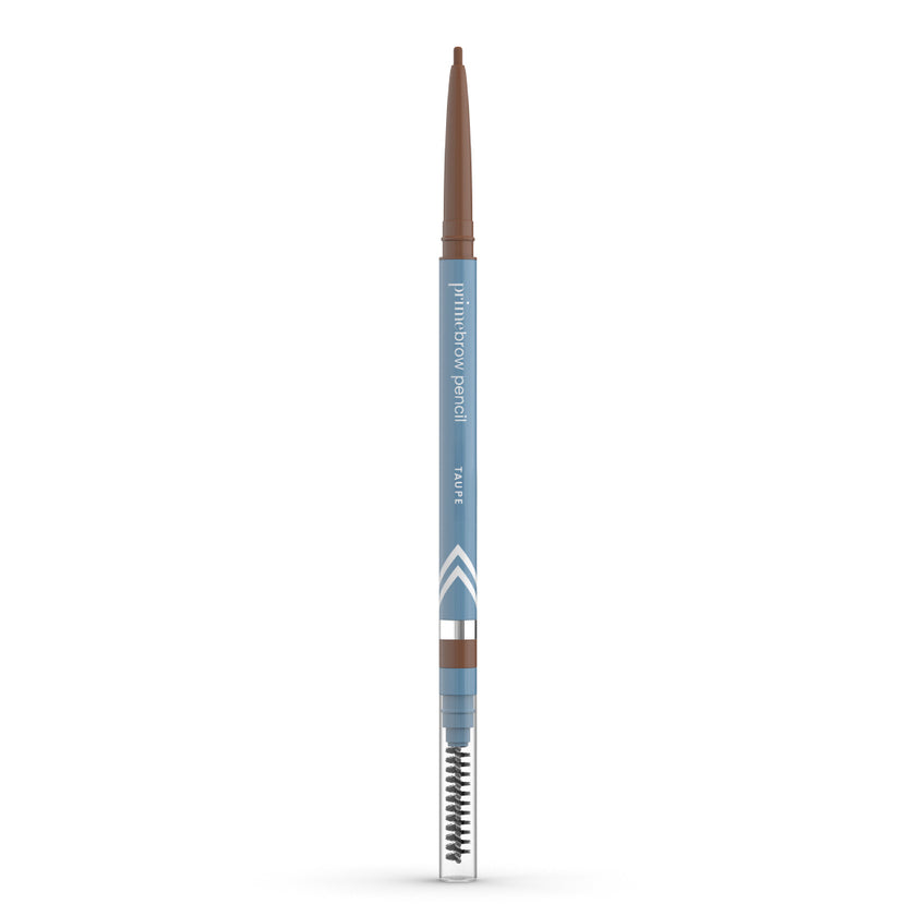A blue eyebrow pencil with a brown tip and a brush on one end, standing upright against a white background. The text on the pencil reads mini brow pencil taupe.