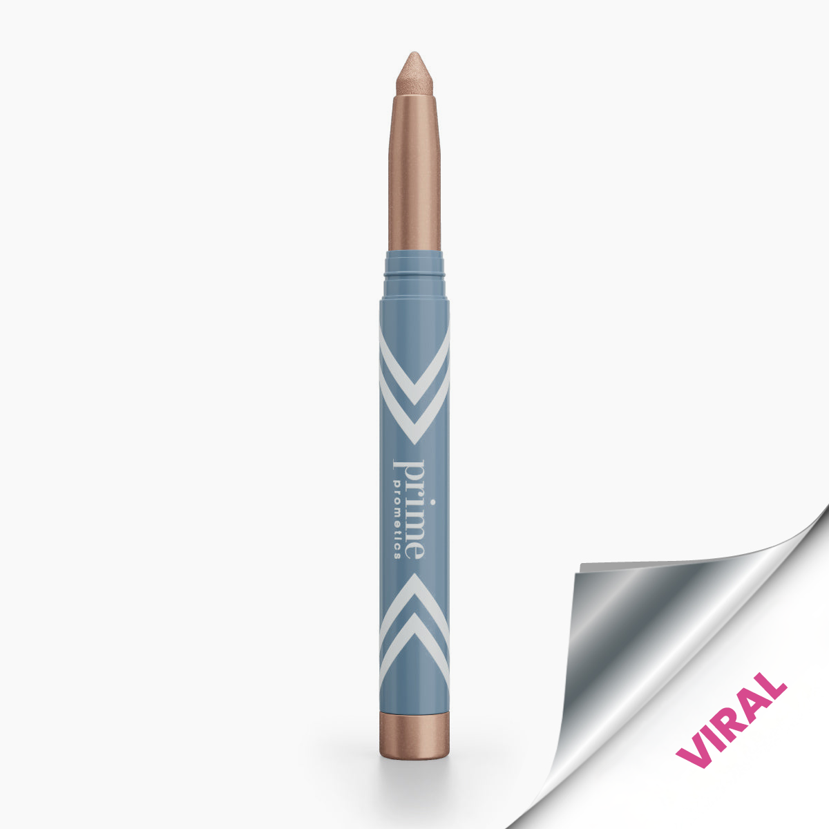 A metallic rose gold makeup stick with a blue tube labeled prime and white chevron designs, set against a white background with a curled silver page corner labeled VIRAL in pink text.
