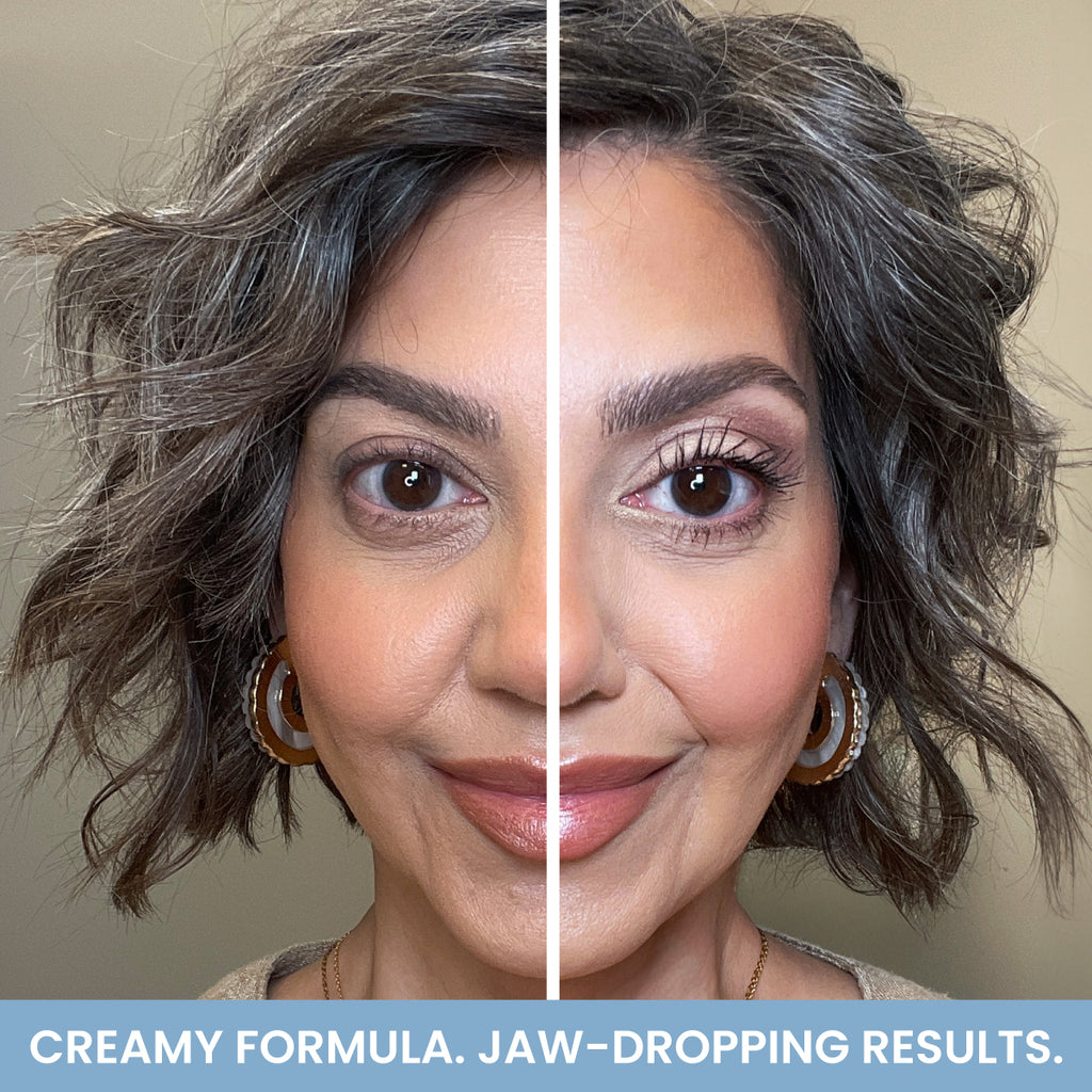 Prime Prometics PrimeEyes Eye Brightener before-and-after on a mature woman with the caption: creamy formula, jaw-dropping results