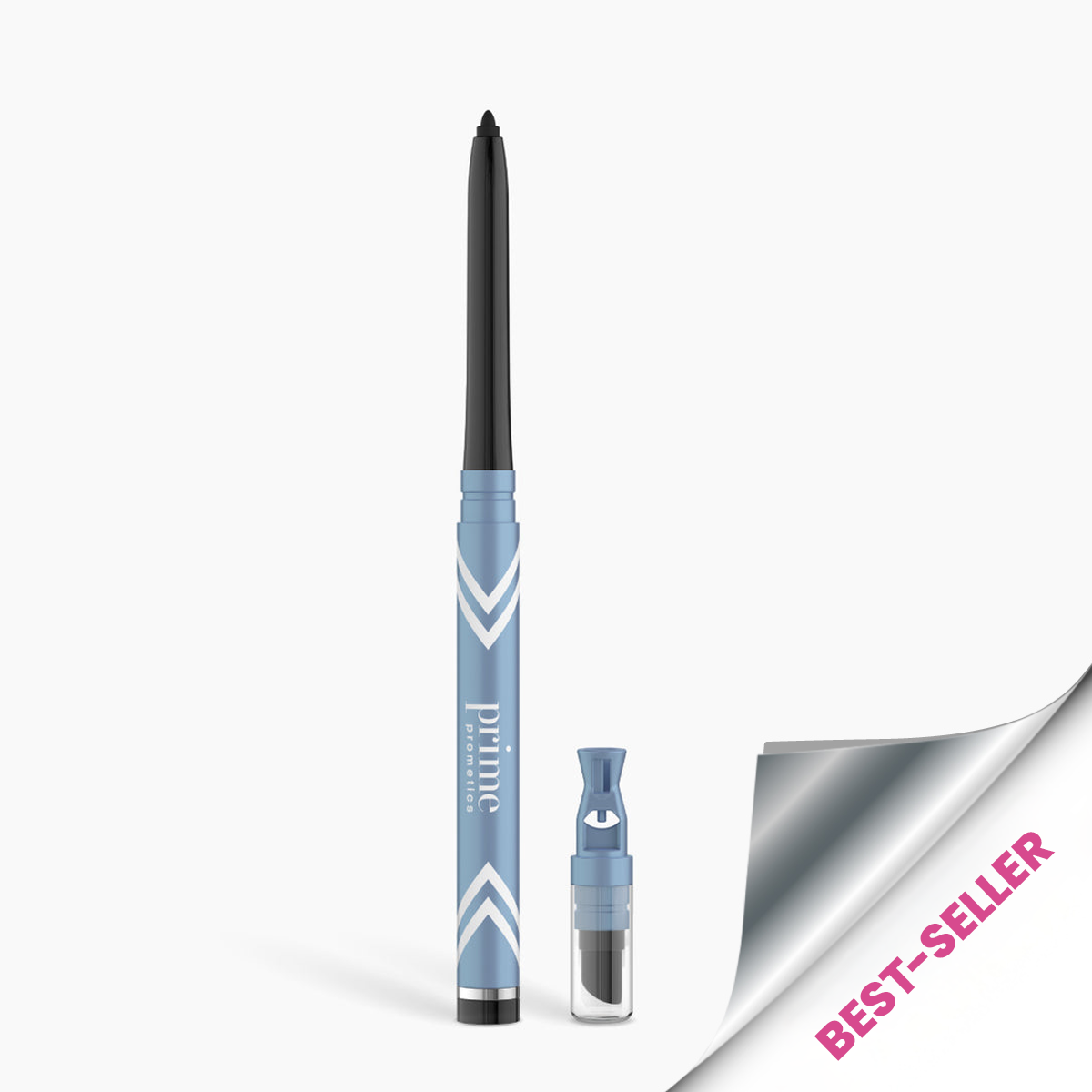 A blue retractable eyeliner pencil labeled prime stands upright next to a small matching sharpener. A silver corner label reads BEST-SELLER in pink text.