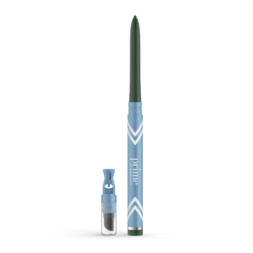 A blue and silver twist-up eyeliner pencil labeled prime stands upright next to a small, clear detachable sharpener with a blue top, both on a white background.