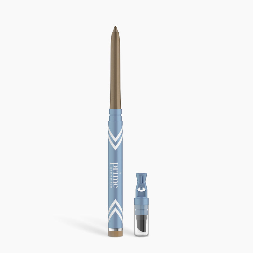 A retractable eyebrow pencil with a light blue casing labeled prime, featuring a brown tip and a small detachable spoolie brush with a clear cap next to it, all set against a white background.