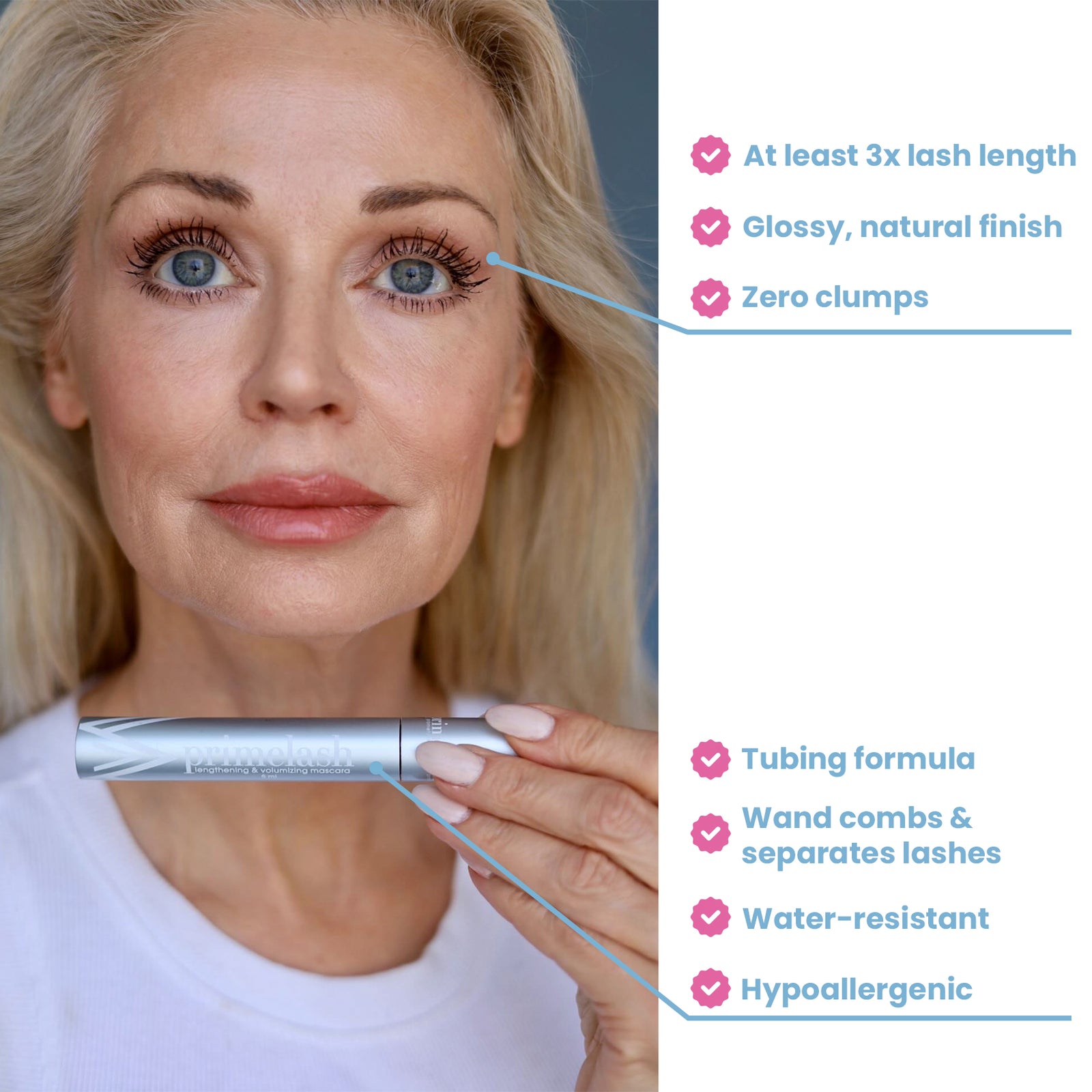 Prime Prometics PrimeLash Mascara tube and brush wand, a lengthening and volumizing mascara for mature lashes