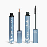 Two open blue tubes of the PrimeLash Bundle by PrimePrometics™ stand upright: one has a fine brush for eyelash serum, the other a mascara wand for longer lashes—both feature white labeling.