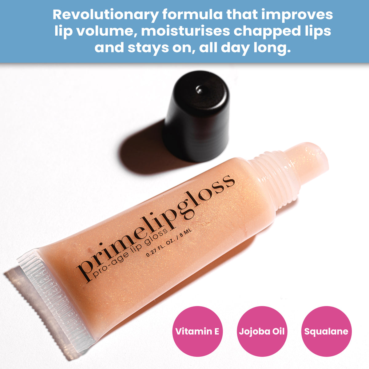 Prime Prometics PrimeLip Gloss tube, a pro-age lip gloss with shimmery peach formula