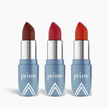 Three Prime Prometics PrimeLip Lipsticks side by side in Mocha Satin, Razz My Berries, and Kool Aid shades