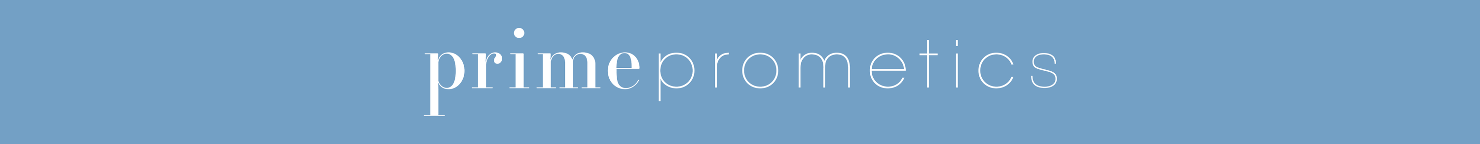 White text on a blue background reads prime prometics in a thin, elegant font, with prime in bold and prometics in lighter lettering.